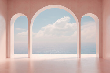 Empty pink room with arches and pillars - calming ocean view - peaceful lucid dream aesthetics - minimalist Architecture design - Contemporary Interior style with modern simplicity. 