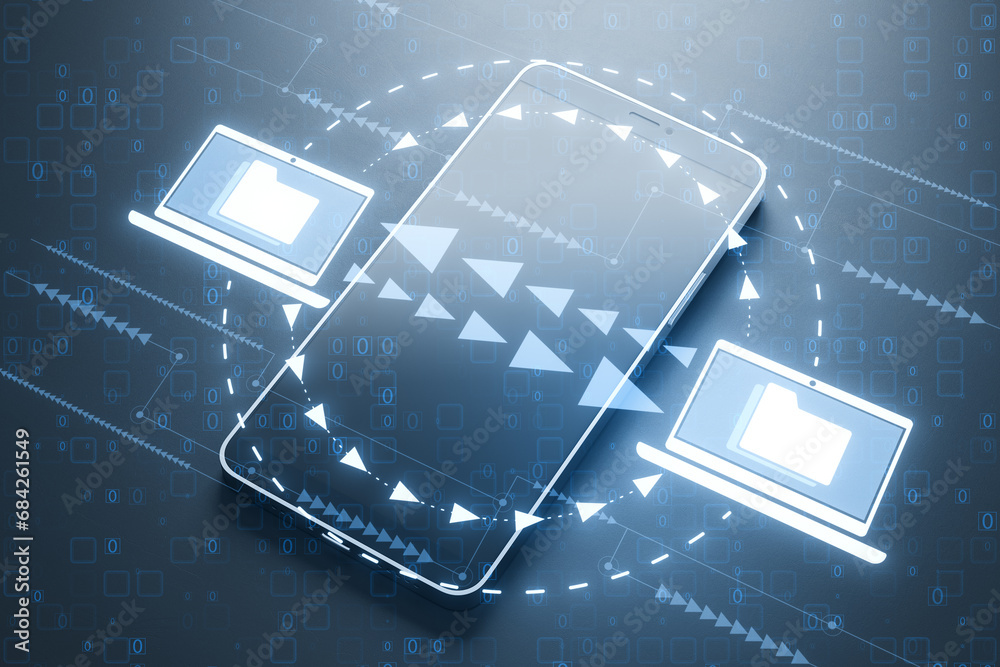 Leinwandbilder Close up of smartphone with creative digital data transfer and exchange folders on dark background. Backup data, virtual document storage or loading on cloud service. 3D Rendering.