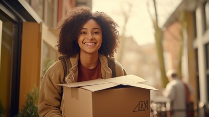 Happy smiling black  woman carrying cardboard box with belongings. Female student moving out of parents house. Young woman moving to dorm, new apartment, rent a flat generative ai - obrazy, fototapety, plakaty