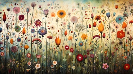 Whimsical Field of Stylized Colorful Flowers