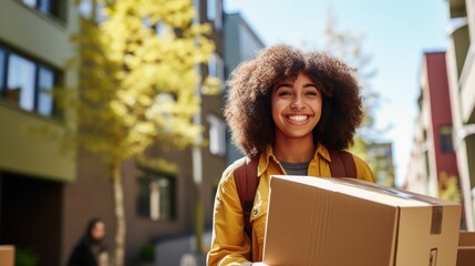 Happy smiling black  woman carrying cardboard box with belongings. Female student moving out of parents house. Young woman moving to dorm, new apartment, rent a flat generative ai
