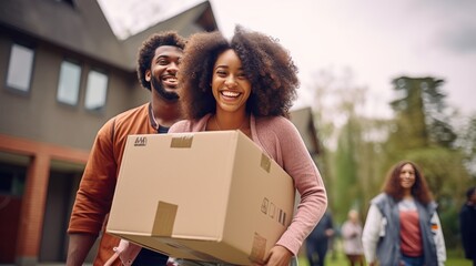Happy smiling black  woman carrying cardboard box with belongings. Female student moving out of parents house. Young woman moving to dorm, new apartment, rent a flat generative ai