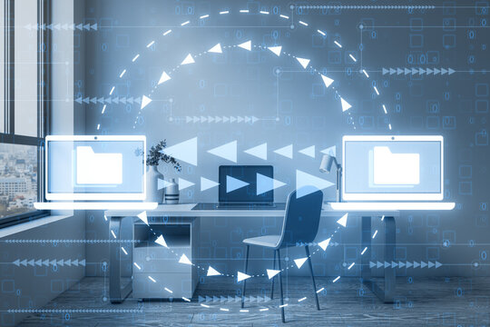 Creative modern workplace in interior with digital data transfer and exchange folders on dark background. Backup data, virtual document storage or loading on cloud service. 3D Rendering.