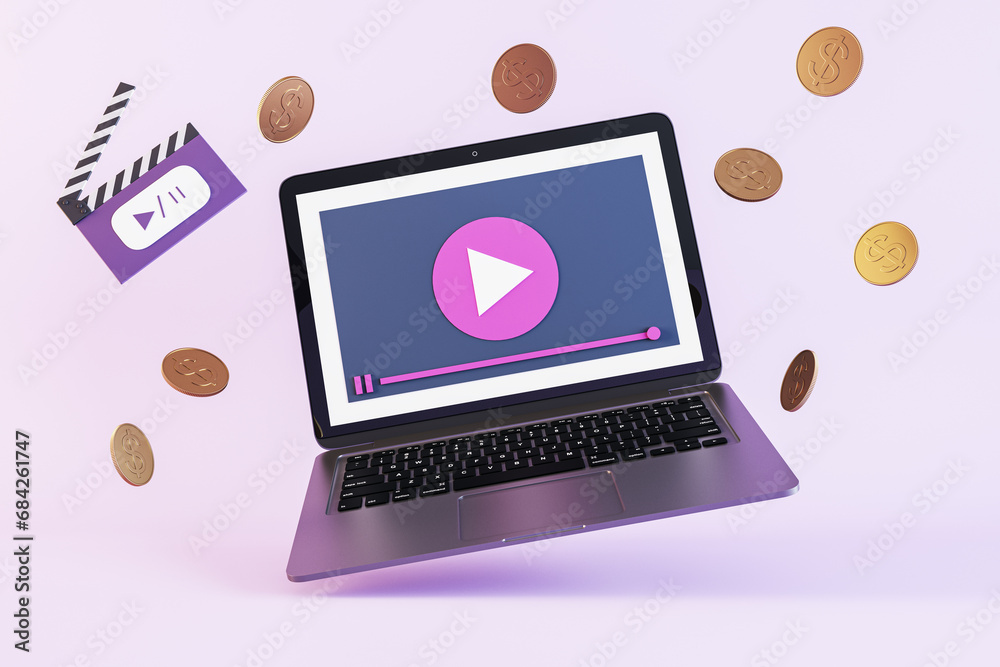 Poster laptop with play button graphic and floating coins on a pastel purple background. online earning con