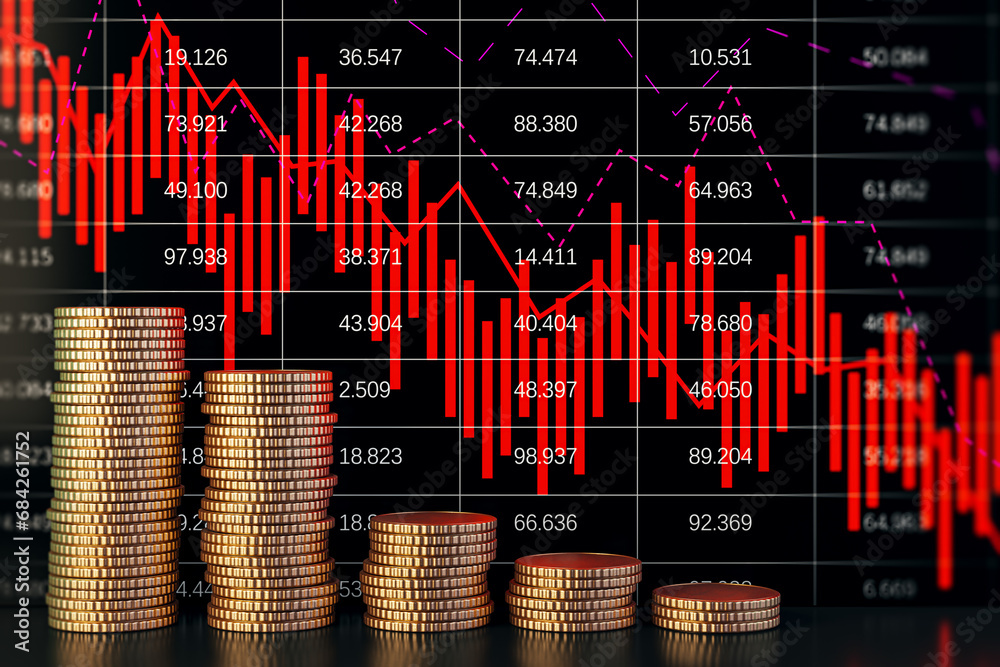 Poster stacked coins with a red bearish stock market trend. 3d rendering