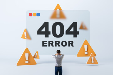 Casual man puzzled by a 404 error display with warning icons. Web problem concept