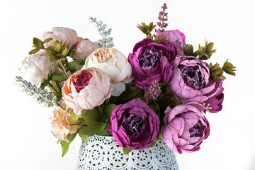 artificial flowers peonies on white background