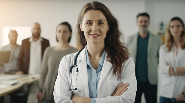 Portrait of a smiling female doctor standing in front of her team. Ai render.