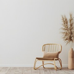 Living room interior wall mockup in minimalist Japandi style with caned chair, beige pillow and dried pampas grass in ceramic vase on empty warm white background.