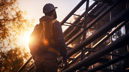 Fototapeta premium Engineer Technician Watching Team of Workers on High Steel Platform