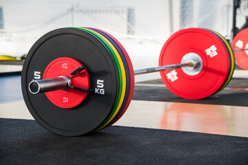 Weightlifting barbell loaded with heavyweights