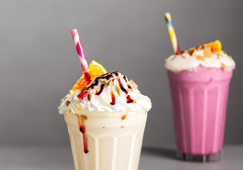 milkshakes with toppings on gray