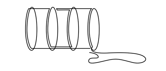Metal barrel with leaking liquid. Continuous line drawing illustration.
