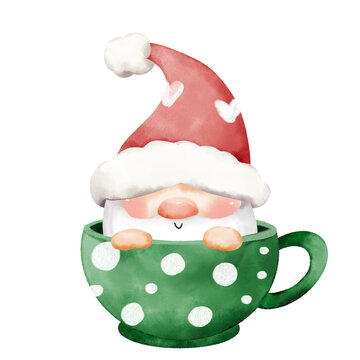 Cute Christmas gnome character sitting in green mug watercolor digital clipart isolated
