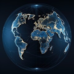 the planet earth adorned with luminous telecommunication pathways from space, dark colors