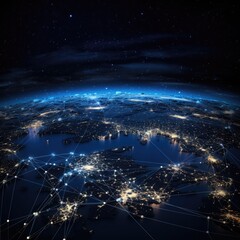 the planet earth adorned with luminous telecommunication pathways from space, dark colors