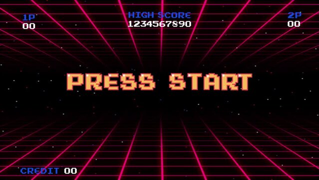 PRESS START INSERT A COIN TO CONTINUE .pixel art .8 bit game.retro game. for game assets in vector illustrations.Retro Futurism Sci-Fi Background. glowing neon grid.and stars from vintage arcade comp	