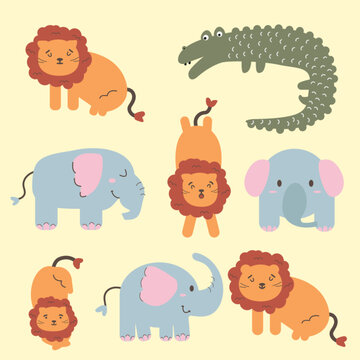 vector hand drawing abstract cute animals elephant crocodile and lion