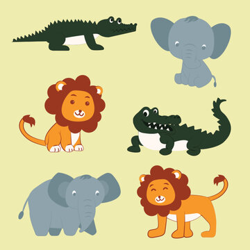 vector hand drawing cute animals elephant crocodile and lion