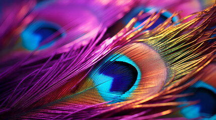 Peacock feather iridescent colors iridescent, Colorful exotic background of bright purple and blue peacock feathers, Macro shot of a peacock feather showcasing vibrant colors and intricate designs


