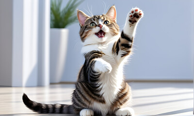 A cute cat doing a hooray pose. Generative AI - obrazy, fototapety, plakaty