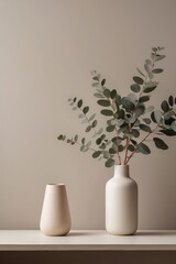 Close-up minimalistic interior design with two vases and eucalyptus leaves on a plain beige background on the table.