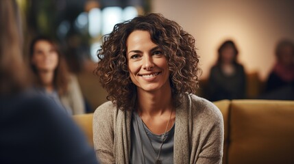 Professional therapists conduct an open group session and a comforting smile, emphasizing the importance of mental health and counseling. Generative ai