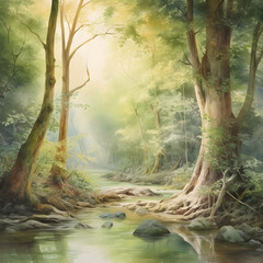 Enchanted Forest Stream: Sunlight Piercing Through Mist Amongst Ancient TreesAI generativ