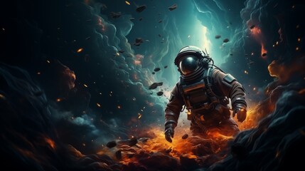 A young astronaut floats in the zero gravity of a vibrant nebula, their gaze filled with wonder and solitude in the vastness of space, style sci-fi - obrazy, fototapety, plakaty