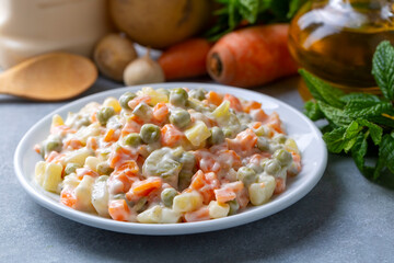 Russian salad Olivier with mayonnaise and egg served (Turkish name; Rus salatasi)