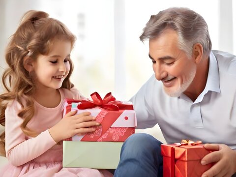 Father and daughter  with gift boxes
