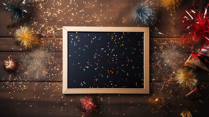 New Year's Eve frame with fireworks and confetti