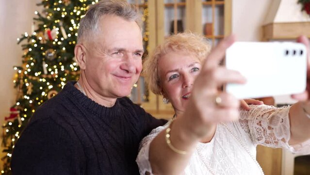 Handheld shot of happy elderly man and woman holding mobile phone and taking selfie or talking on video call with family on Christmas eve.