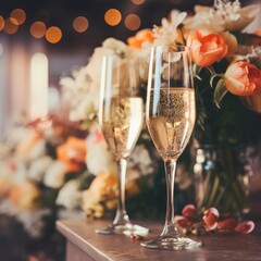 Two champagne glasses on table. flowers decoration