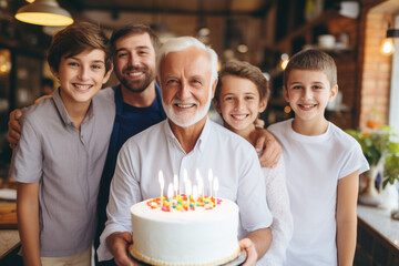 Fototapeta premium Elderly man celebrating birthday with cake surrounded by family, children, grandchildren.