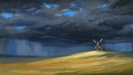 Tragic sky above the field and mill. Digital painting.