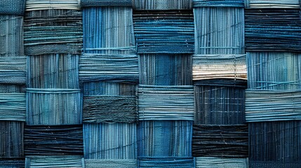 Wicker blue texture, flat art wicker basket weave surface. Blue colors of rattan, bark, raffia, bamboo, straw cloth-like composition background for craft, hobby, fall. Sky, sea blue material, pattern