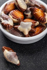 candy seashell chocolate sweet dessert delicious eating appetizer meal food snack on the table copy space food background rustic top view