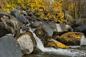 Russia. Russia. The South of Western Siberia, the Altai Mountains. Small waterfalls on the Katuyaryk River in the valley of the Chulyshman River.