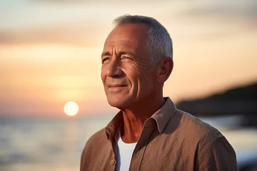 Zelfklevend Fotobehang happy old man standing in front of sunset beach bokeh style background © Koon