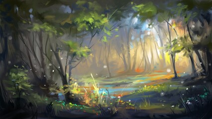 Water in the forest. Digital painting.