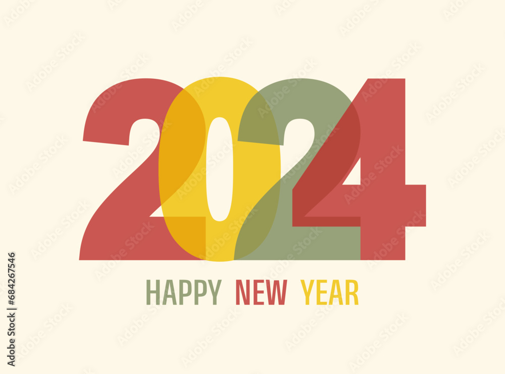 Fototapete greeting card with colorful number 2024 and text happy new year on a beige background. flat vector i
