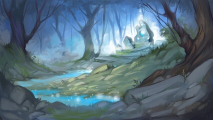 Forest landscape with magic stones. Digital painting.
