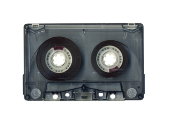 Vintage audio cassette tape isolated. Obsolete technology of audio recording and playback format audio cassette tapes, top view. 80s retro music background.