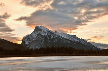 Sunrise over Vermillion Lakes and Rundle Mountain in Winter. Banff, Alberta Canada