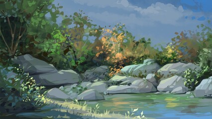 Landscape with lake and stones. Digital painting.