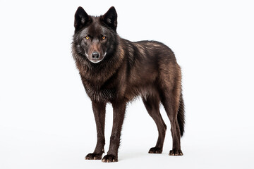 Fototapeta premium Black Wolf standing on a white background. Beautiful animal left-side portrait