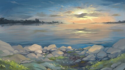 Sunset over the river. Digital painting illustration.