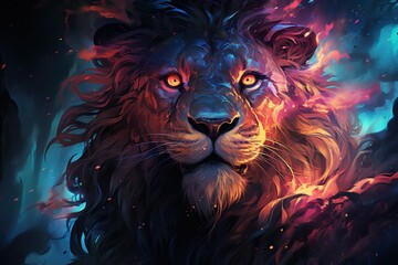 A picture of lion head, with neon lights red eyes. wallpaper concept. Generative AI