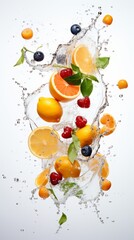 Fruit fragments fall into the water, creating splashes, in a commercial photography setting with a pure white background